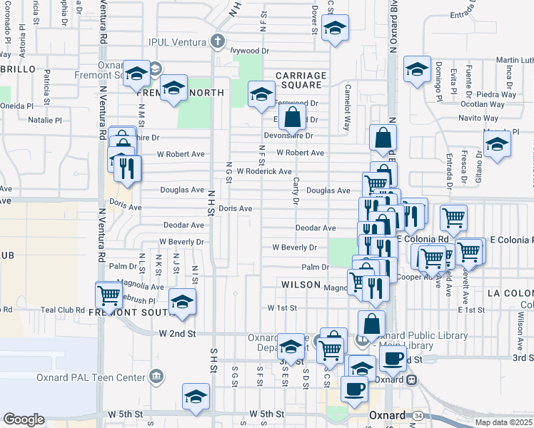 map of restaurants, bars, coffee shops, grocery stores, and more near 640 Doris Avenue in Oxnard