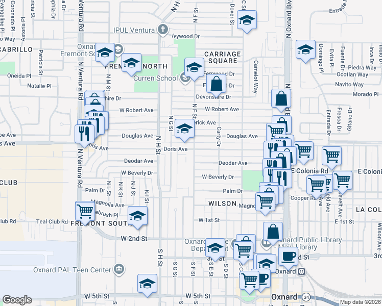 map of restaurants, bars, coffee shops, grocery stores, and more near in Oxnard