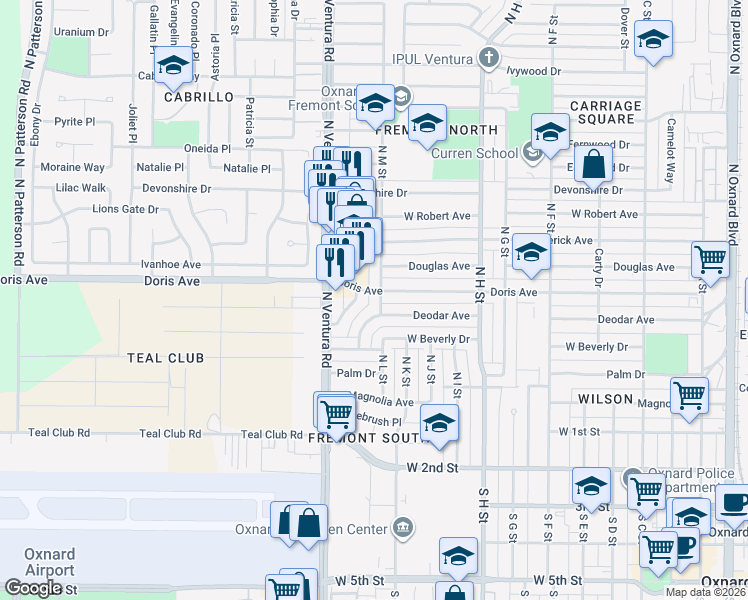 map of restaurants, bars, coffee shops, grocery stores, and more near 540 North N Street in Oxnard