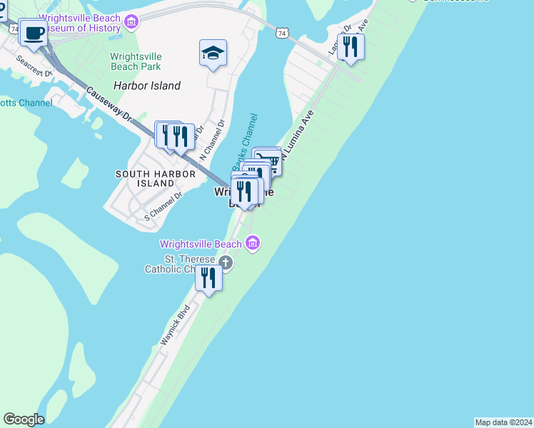 map of restaurants, bars, coffee shops, grocery stores, and more near 1 South Lumina Avenue in Wrightsville Beach