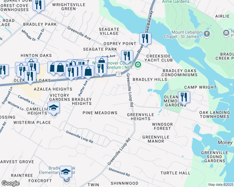 map of restaurants, bars, coffee shops, grocery stores, and more near 6008 Richard Bradley Drive in Wilmington