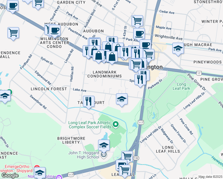 map of restaurants, bars, coffee shops, grocery stores, and more near 4223 Lake Avenue in Wilmington