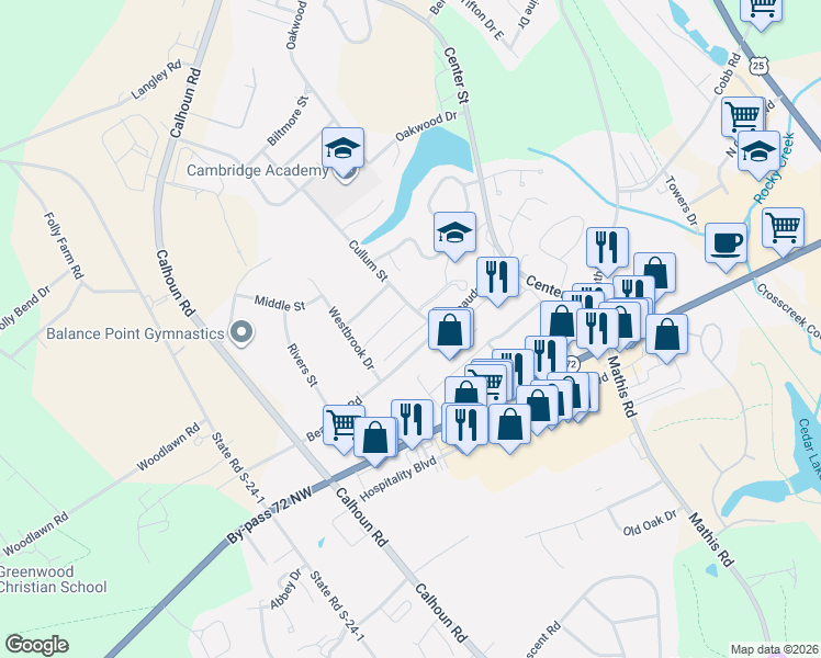 map of restaurants, bars, coffee shops, grocery stores, and more near 109 Country Village Court in Greenwood