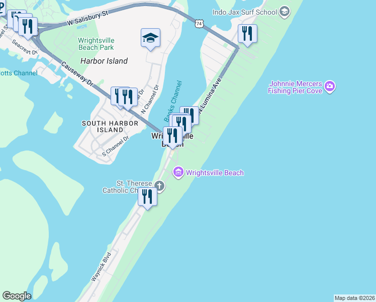 map of restaurants, bars, coffee shops, grocery stores, and more near 17 Stone Street in Wrightsville Beach