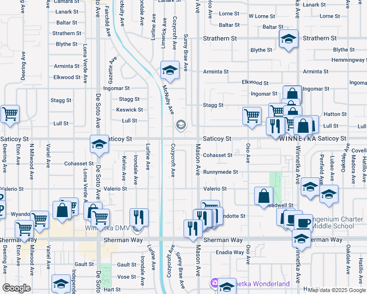 map of restaurants, bars, coffee shops, grocery stores, and more near 20533 Covello Street in Los Angeles