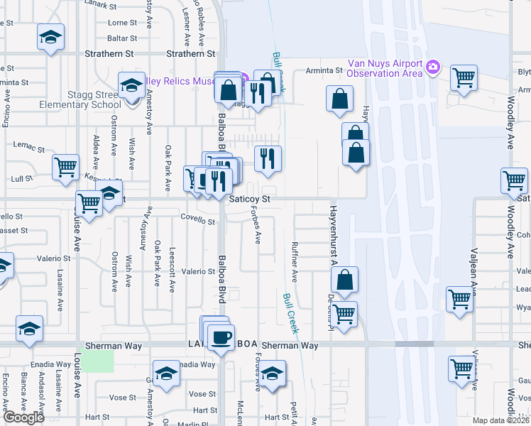 map of restaurants, bars, coffee shops, grocery stores, and more near 16757 Covello Street in Los Angeles