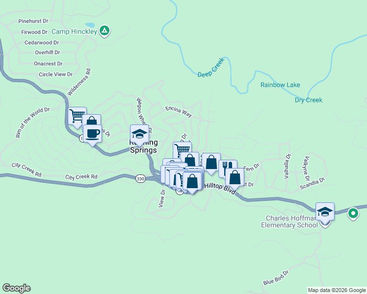 map of restaurants, bars, coffee shops, grocery stores, and more near 2538 Palo Alto Way in Running Springs