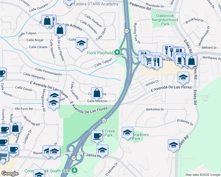 map of restaurants, bars, coffee shops, grocery stores, and more near 1433 Calle Violeta in Thousand Oaks