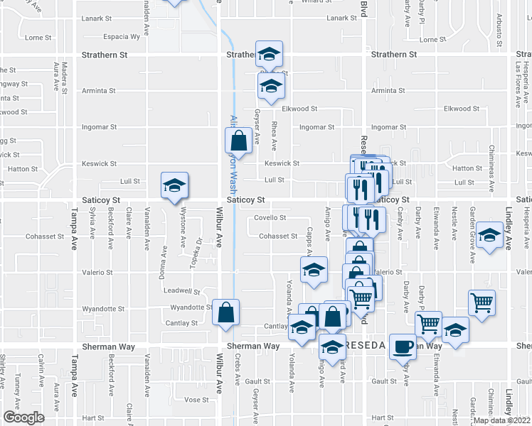 map of restaurants, bars, coffee shops, grocery stores, and more near 18745 Covello Street in Los Angeles