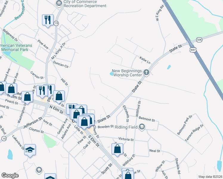 map of restaurants, bars, coffee shops, grocery stores, and more near 109 Baugh Street in Commerce