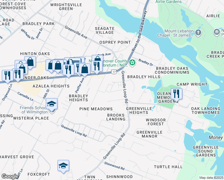 map of restaurants, bars, coffee shops, grocery stores, and more near 6008 Richard Bradley Drive in Wilmington