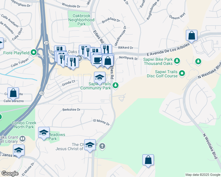 map of restaurants, bars, coffee shops, grocery stores, and more near 2100 East Avenida De Las Flores in Thousand Oaks