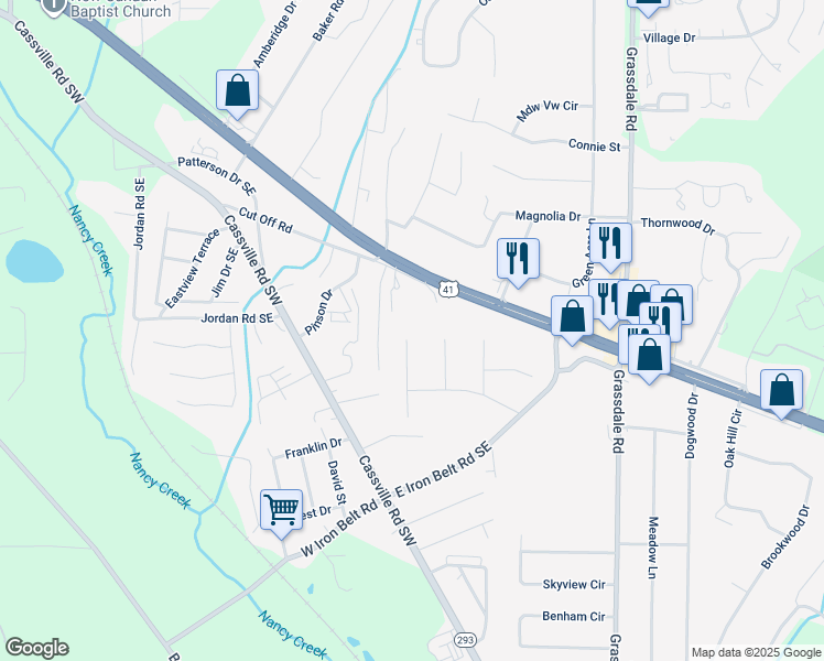 map of restaurants, bars, coffee shops, grocery stores, and more near 111 Westwood Drive Southeast in Cartersville