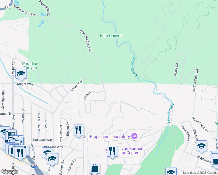 map of restaurants, bars, coffee shops, grocery stores, and more near 279 Starlight Crest Drive in La Cañada Flintridge