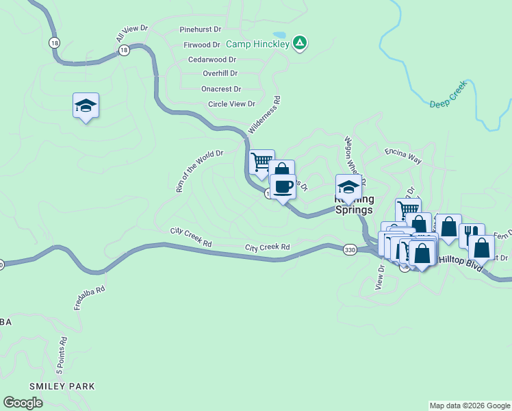 map of restaurants, bars, coffee shops, grocery stores, and more near 2567 Sunset Drive in Running Springs