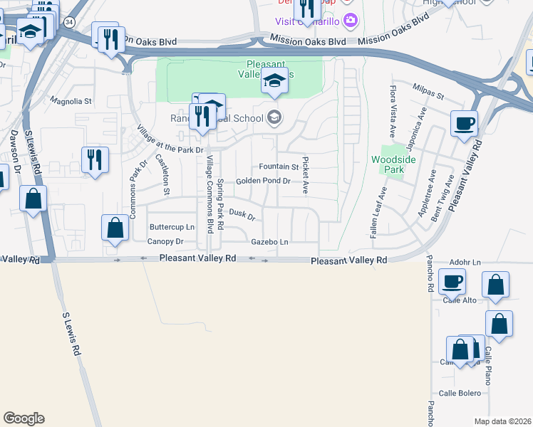 map of restaurants, bars, coffee shops, grocery stores, and more near 474 Park Cottage Place in Camarillo