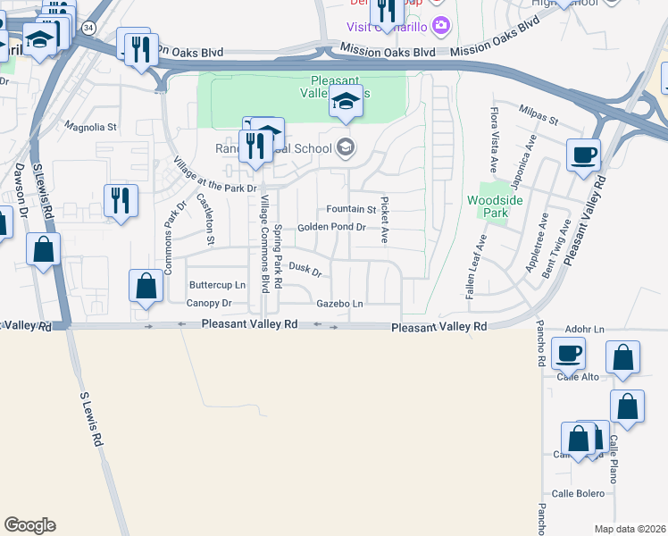 map of restaurants, bars, coffee shops, grocery stores, and more near 474 Park Cottage Place in Camarillo