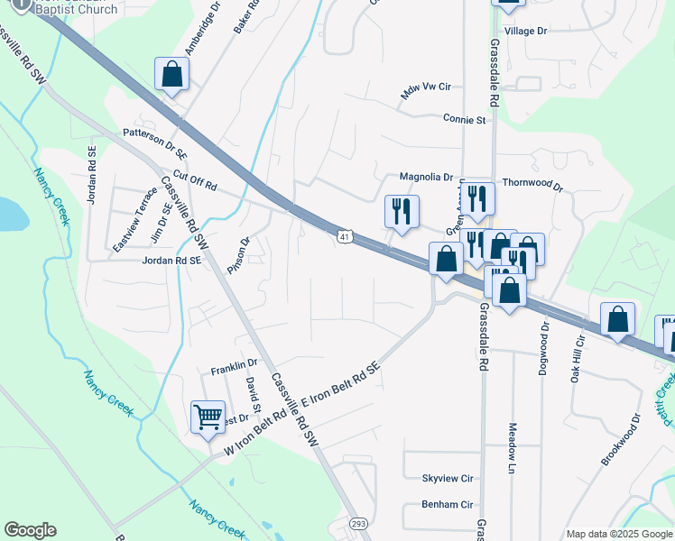 map of restaurants, bars, coffee shops, grocery stores, and more near 112 Eastwood Drive in Cartersville