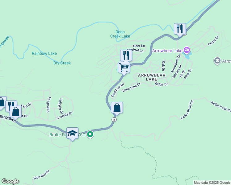 map of restaurants, bars, coffee shops, grocery stores, and more near 32810 Deer Lick Drive in Running Springs