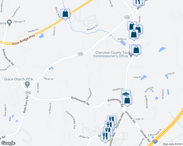 map of restaurants, bars, coffee shops, grocery stores, and more near 1612 Larkwood Drive in Canton
