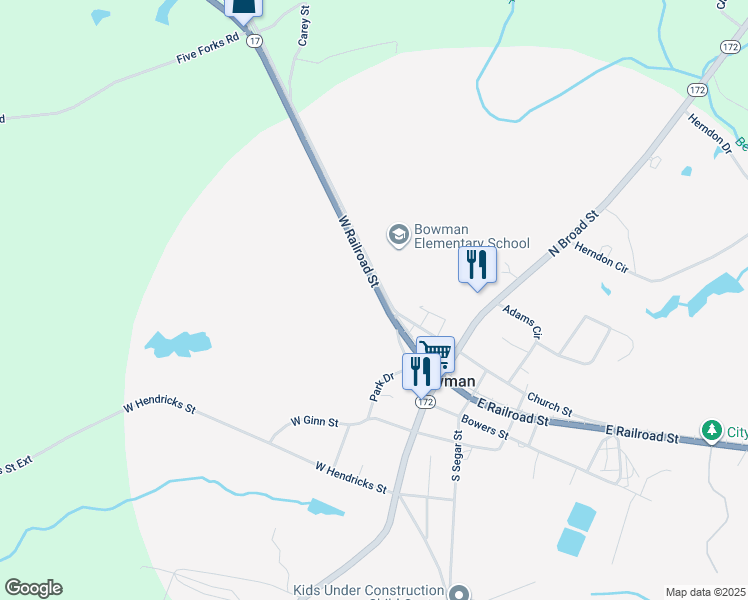 map of restaurants, bars, coffee shops, grocery stores, and more near 129 West Railroad Street in Bowman