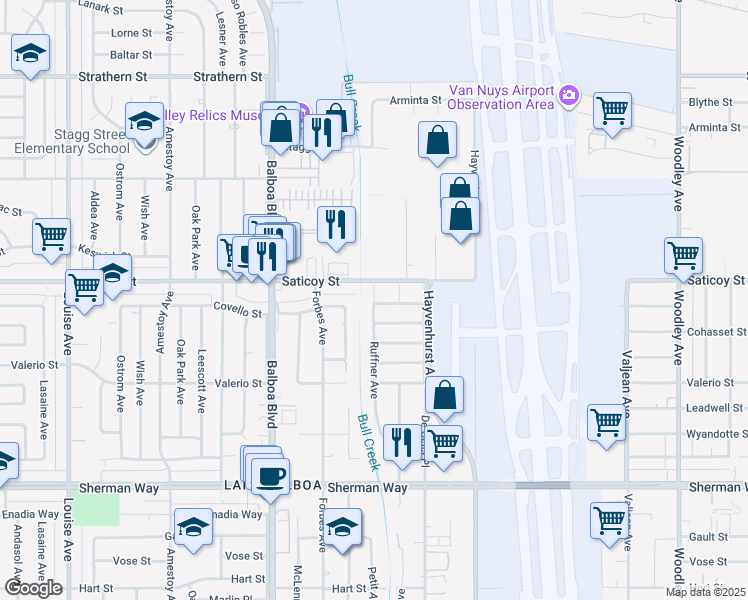 map of restaurants, bars, coffee shops, grocery stores, and more near 7550 Ruffner Avenue in Los Angeles