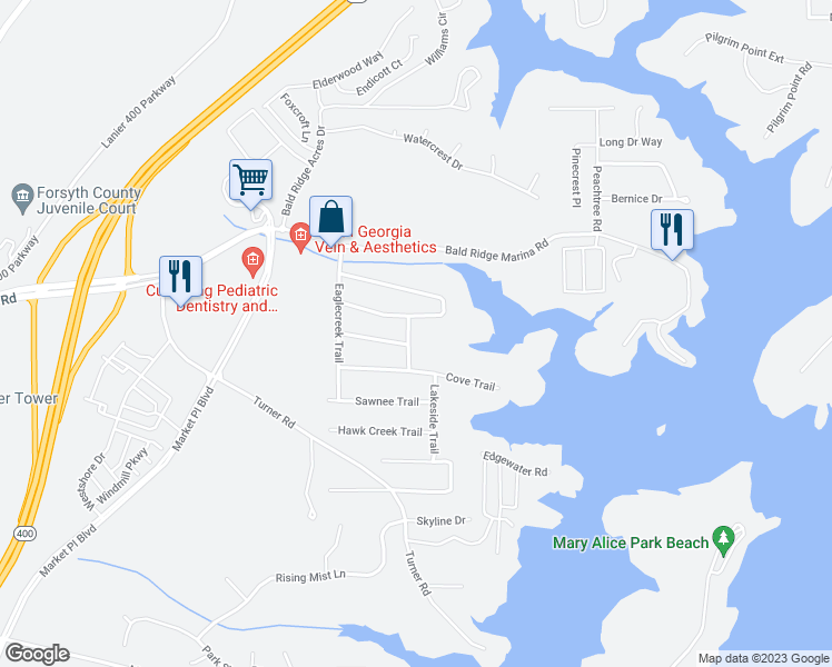 map of restaurants, bars, coffee shops, grocery stores, and more near 1825 Lakeside Trail in Cumming