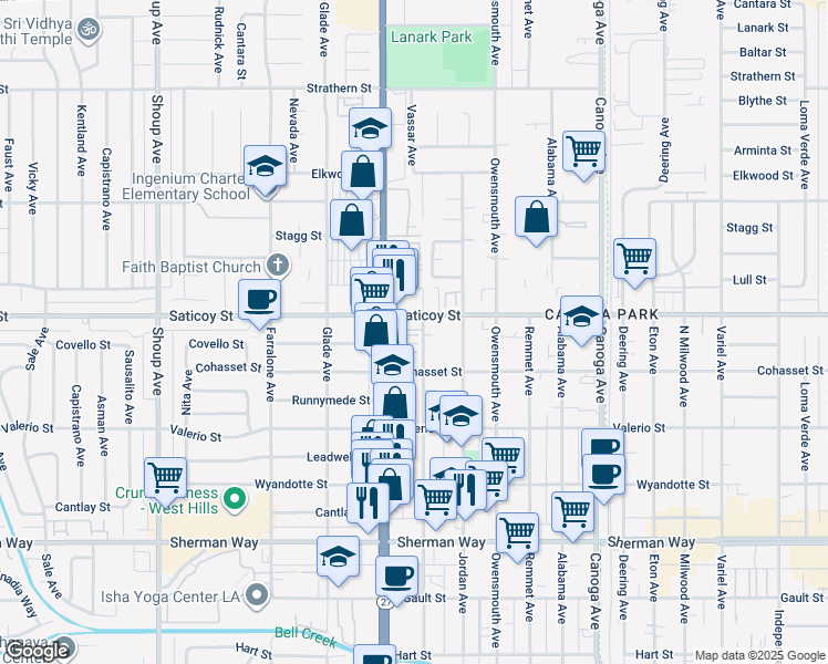 map of restaurants, bars, coffee shops, grocery stores, and more near 7543 Vassar Avenue in Los Angeles