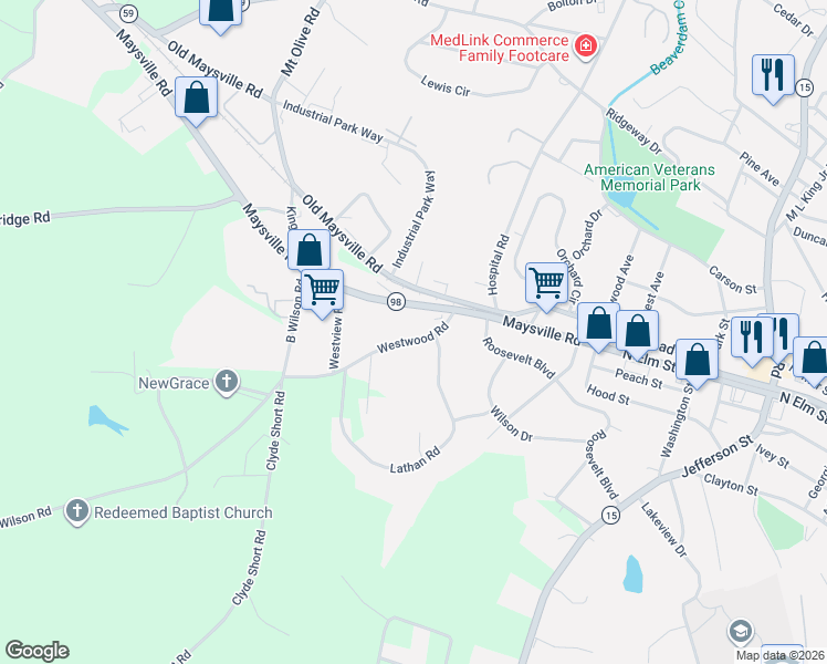 map of restaurants, bars, coffee shops, grocery stores, and more near 124 Westwood Road in Commerce