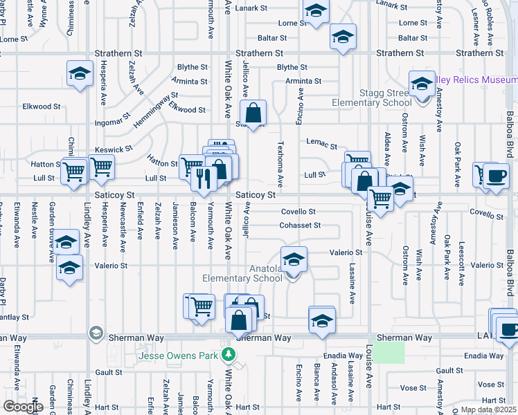 map of restaurants, bars, coffee shops, grocery stores, and more near 17609 Covello Street in Los Angeles