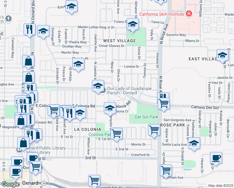 map of restaurants, bars, coffee shops, grocery stores, and more near 508 Niveo Lane in Oxnard