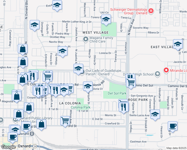 map of restaurants, bars, coffee shops, grocery stores, and more near 508 Niveo Lane in Oxnard