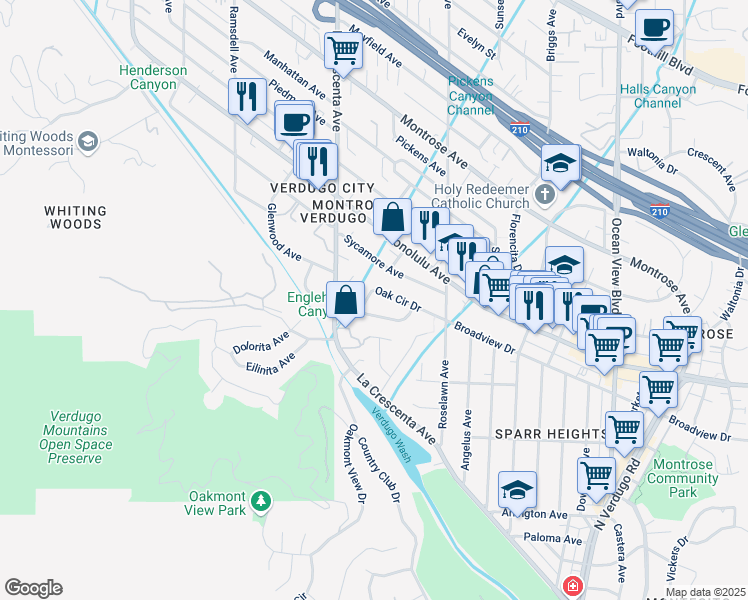 map of restaurants, bars, coffee shops, grocery stores, and more near 1271 Oak Circle Drive in Glendale