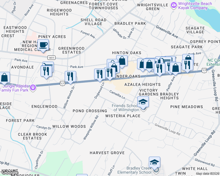 map of restaurants, bars, coffee shops, grocery stores, and more near 5721 Camellia Lane in Wilmington