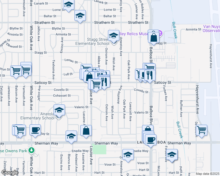 map of restaurants, bars, coffee shops, grocery stores, and more near 7524 Ostrom Avenue in Los Angeles