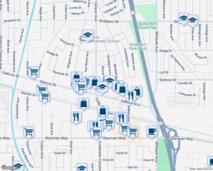 map of restaurants, bars, coffee shops, grocery stores, and more near 12818 Covello St in Los Angeles