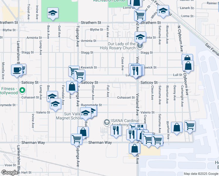 map of restaurants, bars, coffee shops, grocery stores, and more near 7538 Fair Avenue in Los Angeles