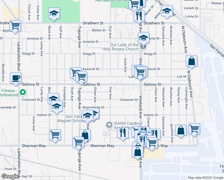 map of restaurants, bars, coffee shops, grocery stores, and more near 7538 Fair Avenue in Los Angeles