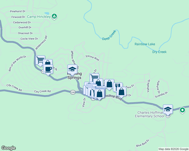 map of restaurants, bars, coffee shops, grocery stores, and more near 2538 Palo Alto Way in Running Springs