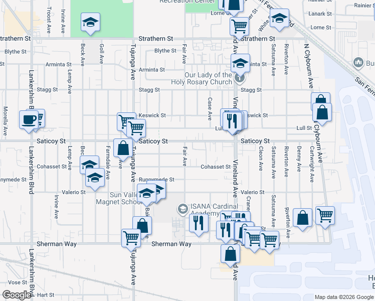 map of restaurants, bars, coffee shops, grocery stores, and more near 7538 Fair Avenue in Los Angeles