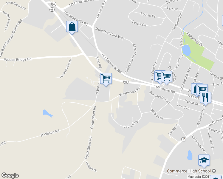 map of restaurants, bars, coffee shops, grocery stores, and more near 95 Westview Road in Commerce