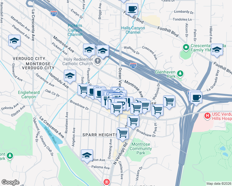 map of restaurants, bars, coffee shops, grocery stores, and more near 2306 Miravista Avenue in La Crescenta-Montrose