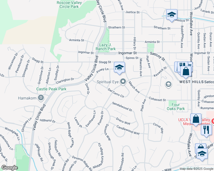 map of restaurants, bars, coffee shops, grocery stores, and more near 23846 Del Cerro Circle in Los Angeles