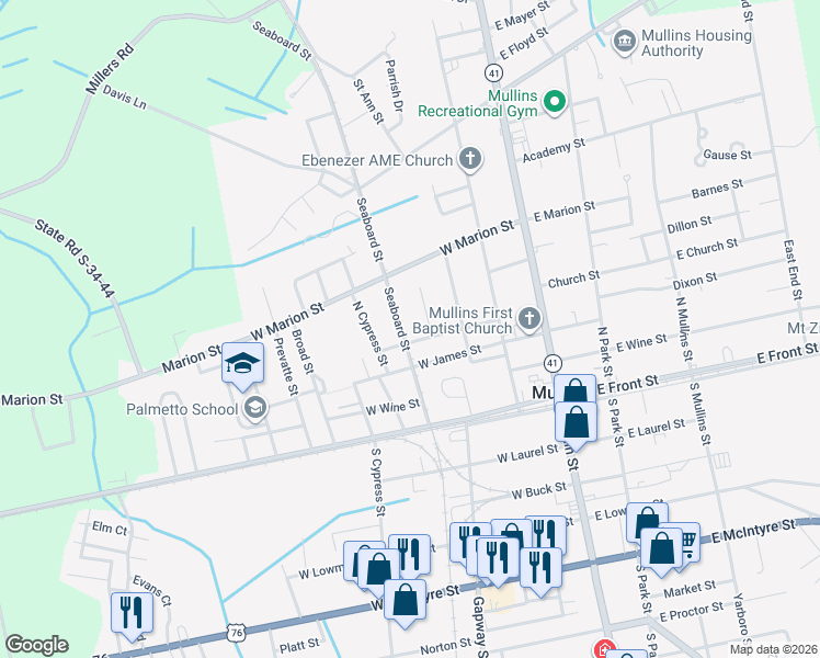 map of restaurants, bars, coffee shops, grocery stores, and more near 322 Bay Street in Mullins