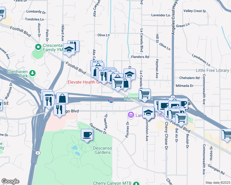 map of restaurants, bars, coffee shops, grocery stores, and more near 346 Lasheart Drive in La Cañada Flintridge