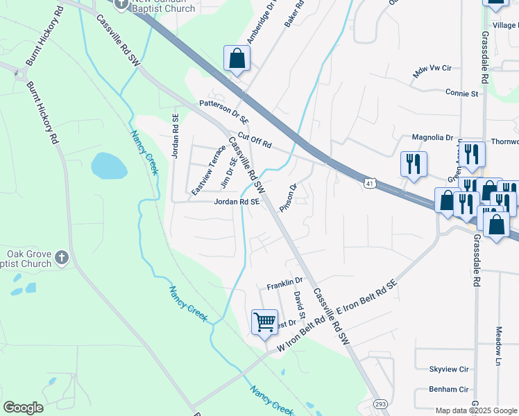 map of restaurants, bars, coffee shops, grocery stores, and more near 27 Jordan Road Southeast in Cartersville
