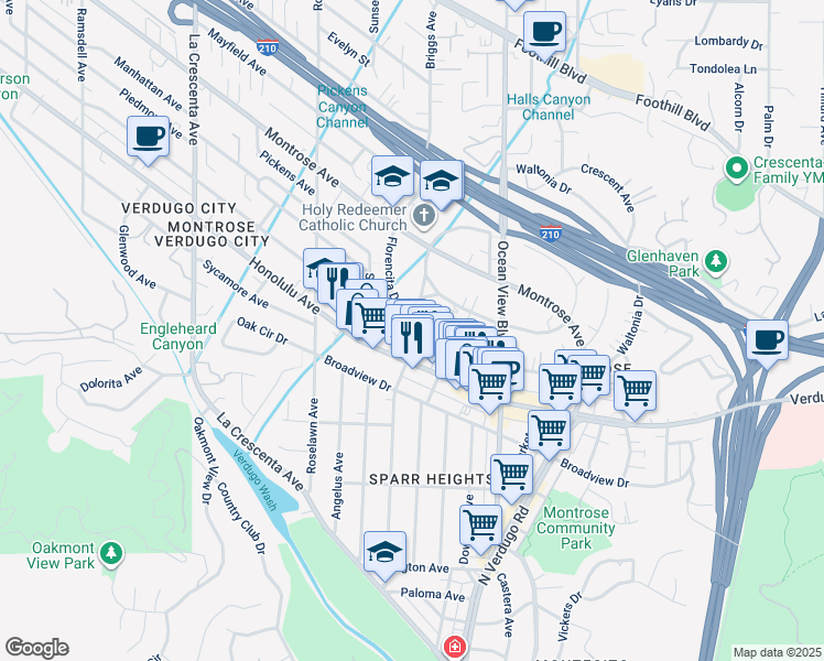 map of restaurants, bars, coffee shops, grocery stores, and more near 3824 Orangedale Avenue in La Crescenta-Montrose