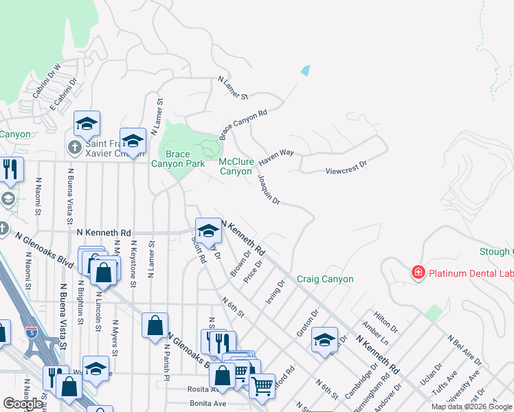 map of restaurants, bars, coffee shops, grocery stores, and more near 2728 Kingsway Drive in Burbank