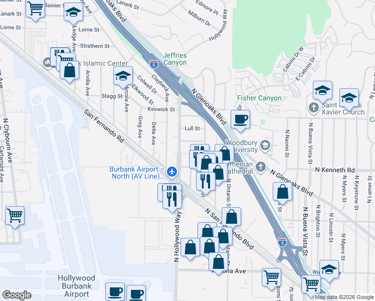 map of restaurants, bars, coffee shops, grocery stores, and more near 9953 Covello Street in Burbank