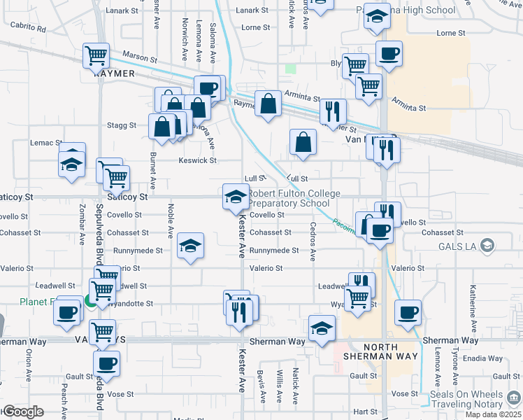 map of restaurants, bars, coffee shops, grocery stores, and more near 14830 Covello Street in Los Angeles